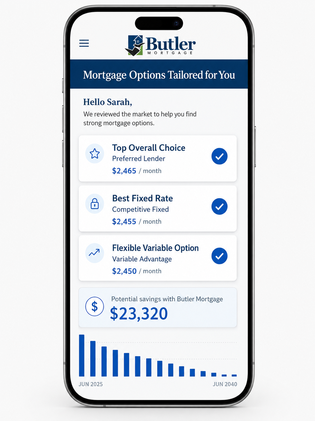Butler Mortgage app showing tailored mortgage options with best rates from multiple lenders