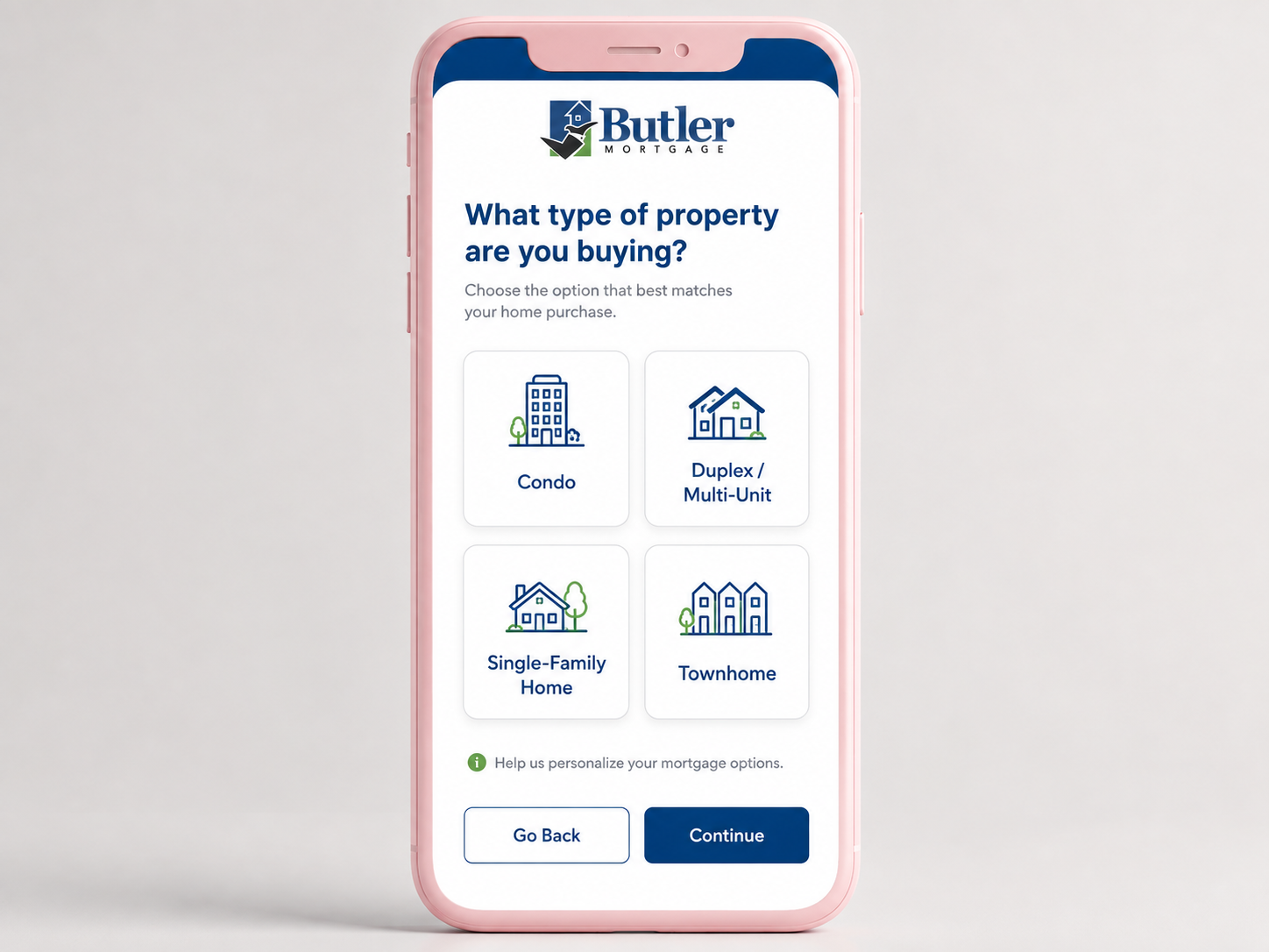 Butler Mortgage mobile application showing property type selection